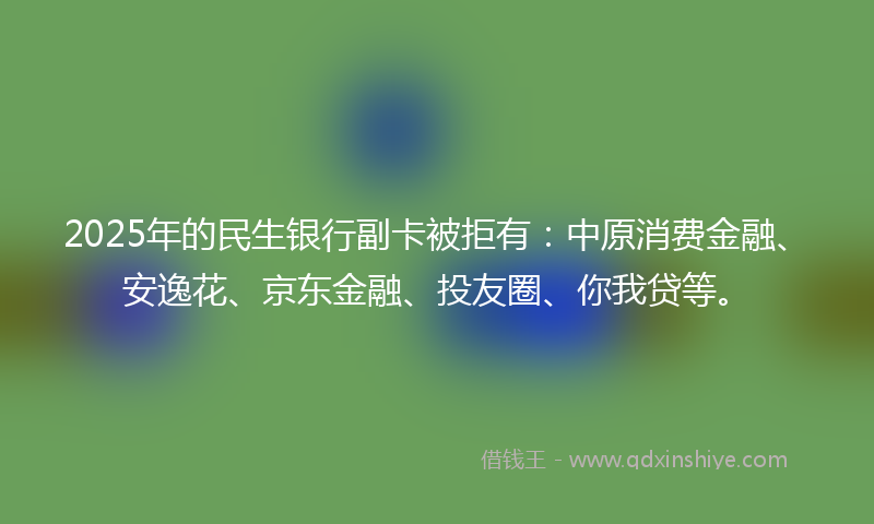 2025年的民生银行副卡被拒有：中原消费金融、安逸花、京东金融、投友圈、你我贷等。