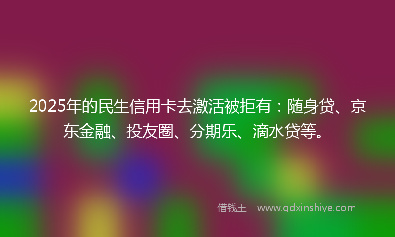 2025年的民生信用卡去激活被拒有：随身贷、京东金融、投友圈、分期乐、滴水贷等。