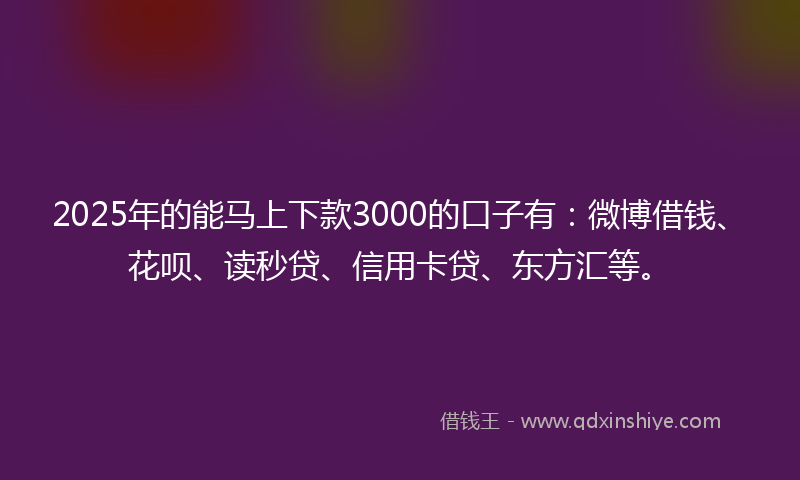 2025年的能马上下款3000的口子有：微博借钱、花呗、读秒贷、信用卡贷、东方汇等。