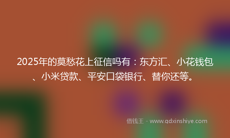 2025年的莫愁花上征信吗有：东方汇、小花钱包、小米贷款、平安口袋银行、替你还等。
