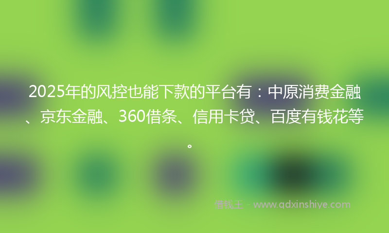 2025年的风控也能下款的平台有：中原消费金融、京东金融、360借条、信用卡贷、百度有钱花等。