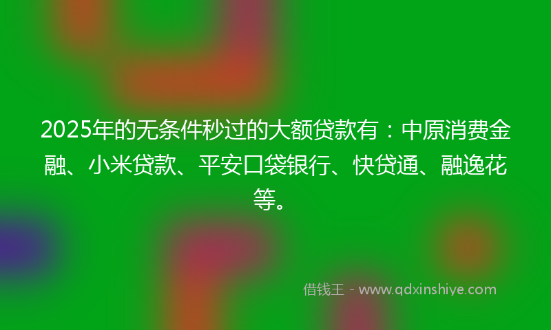 2025年的无条件秒过的大额贷款有：中原消费金融、小米贷款、平安口袋银行、快贷通、融逸花等。