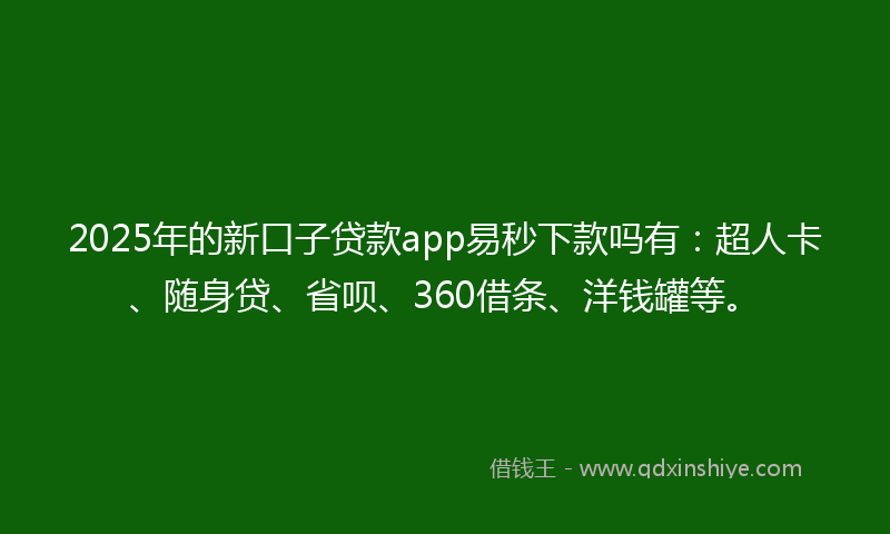 2025年的新口子贷款app易秒下款吗有：超人卡、随身贷、省呗、360借条、洋钱罐等。