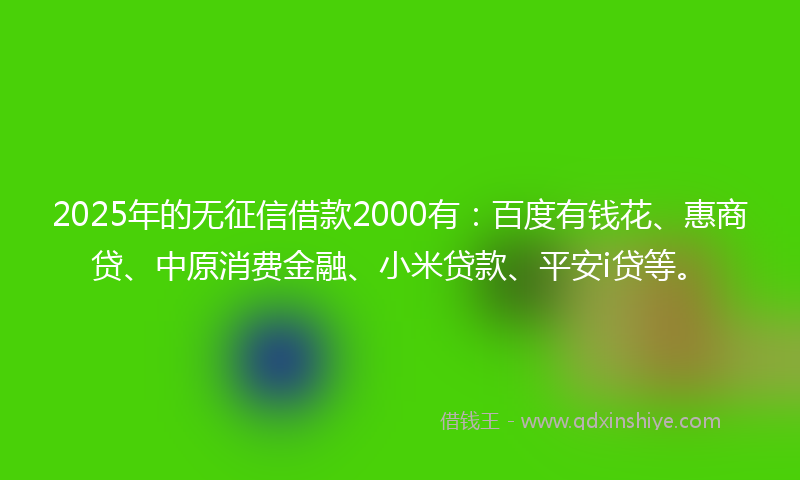 2025年的无征信借款2000有：百度有钱花、惠商贷、中原消费金融、小米贷款、平安i贷等。