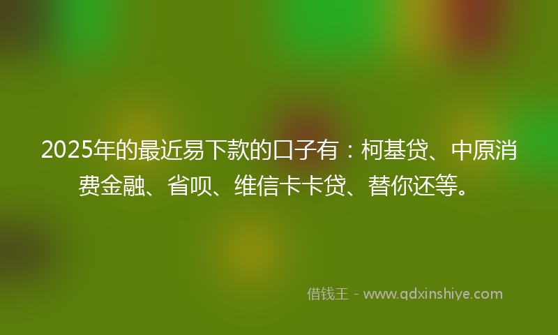 2025年的最近易下款的口子有：柯基贷、中原消费金融、省呗、维信卡卡贷、替你还等。