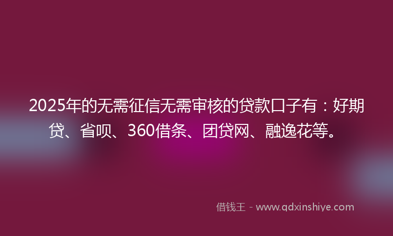 2025年的无需征信无需审核的贷款口子有：好期贷、省呗、360借条、团贷网、融逸花等。