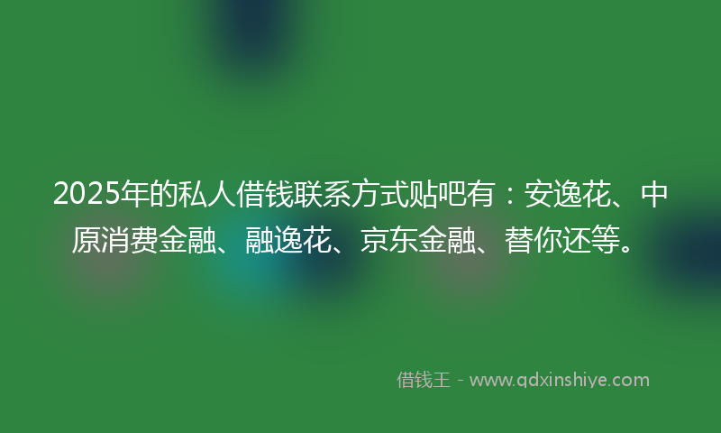 2025年的私人借钱联系方式贴吧有：安逸花、中原消费金融、融逸花、京东金融、替你还等。