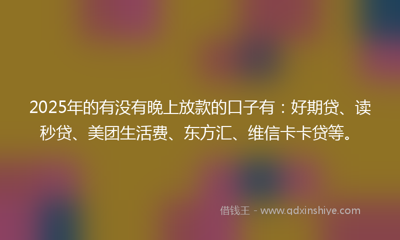 2025年的有没有晚上放款的口子有：好期贷、读秒贷、美团生活费、东方汇、维信卡卡贷等。