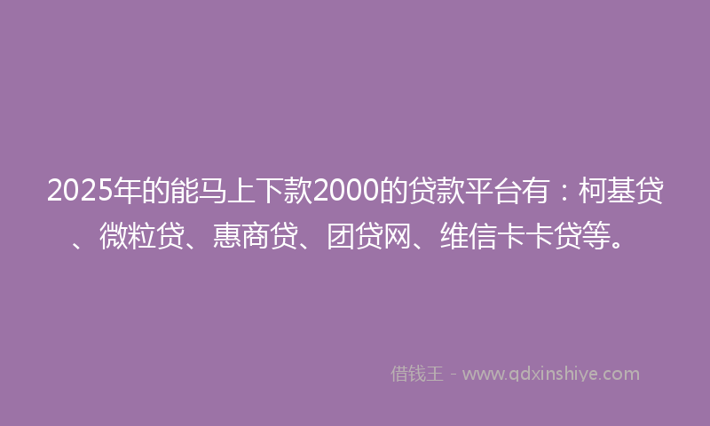 2025年的能马上下款2000的贷款平台有：柯基贷、微粒贷、惠商贷、团贷网、维信卡卡贷等。