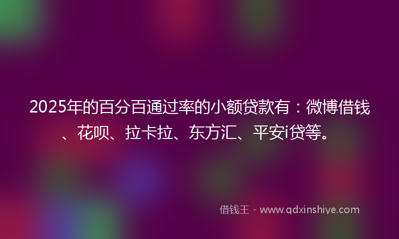 2025年的百分百通过率的小额贷款有：微博借钱、花呗、拉卡拉、东方汇、平安i贷等。