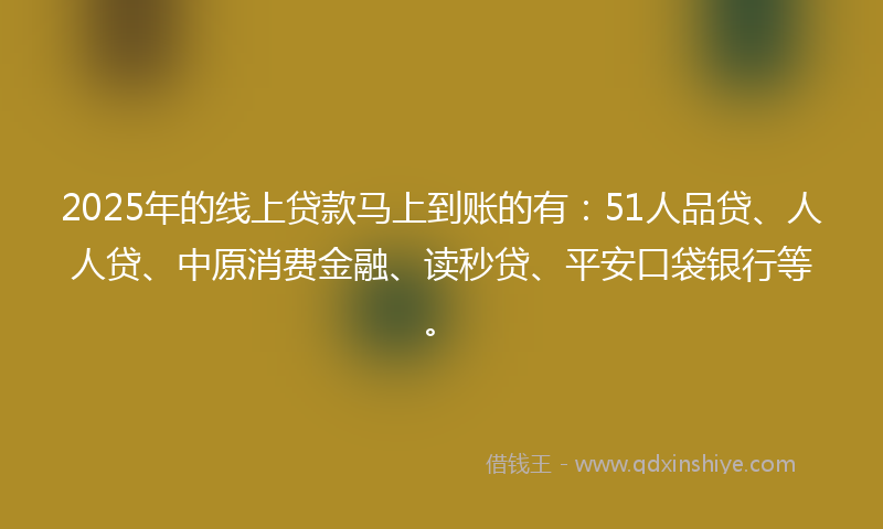2025年的线上贷款马上到账的有：51人品贷、人人贷、中原消费金融、读秒贷、平安口袋银行等。