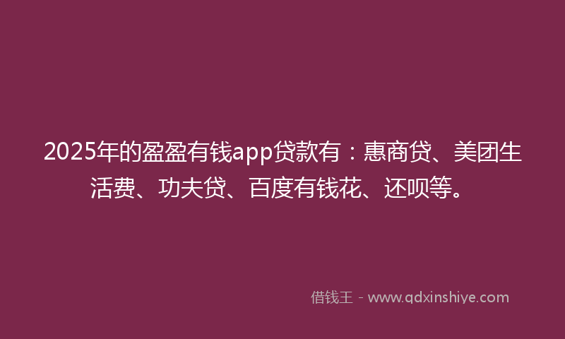 2025年的盈盈有钱app贷款有：惠商贷、美团生活费、功夫贷、百度有钱花、还呗等。