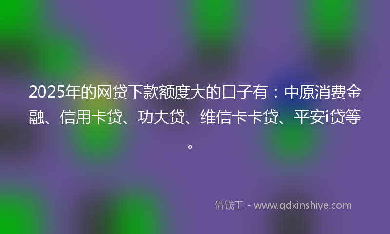 2025年的网贷下款额度大的口子有：中原消费金融、信用卡贷、功夫贷、维信卡卡贷、平安i贷等。
