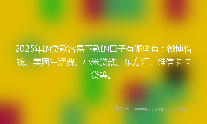 2025年的贷款容易下款的口子有哪些有：微博借钱、美团生活费、小米贷款、东方汇、维信卡卡贷等。
