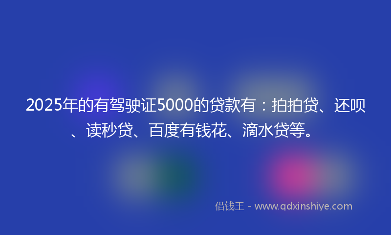2025年的有驾驶证5000的贷款有：拍拍贷、还呗、读秒贷、百度有钱花、滴水贷等。
