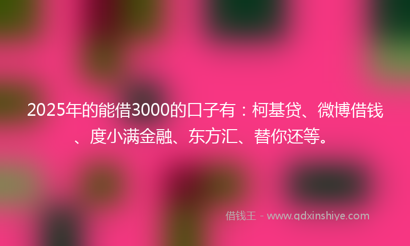 2025年的能借3000的口子有：柯基贷、微博借钱、度小满金融、东方汇、替你还等。