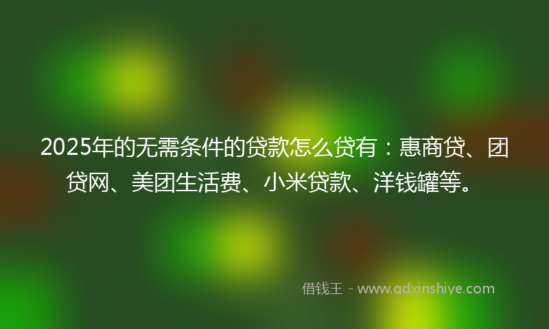 2025年的无需条件的贷款怎么贷有：惠商贷、团贷网、美团生活费、小米贷款、洋钱罐等。