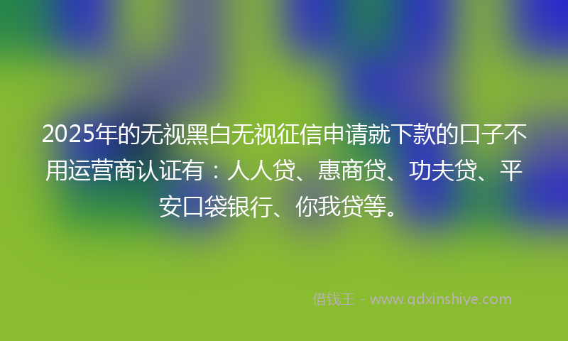 2025年的无视黑白无视征信申请就下款的口子不用运营商认证有：人人贷、惠商贷、功夫贷、平安口袋银行、你我贷等。