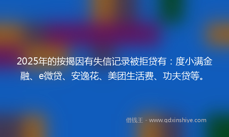 2025年的按揭因有失信记录被拒贷有：度小满金融、e微贷、安逸花、美团生活费、功夫贷等。