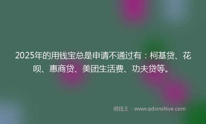 2025年的用钱宝总是申请不通过有：柯基贷、花呗、惠商贷、美团生活费、功夫贷等。