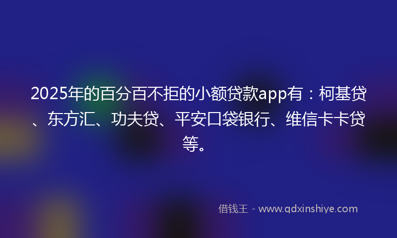 2025年的百分百不拒的小额贷款app有：柯基贷、东方汇、功夫贷、平安口袋银行、维信卡卡贷等。