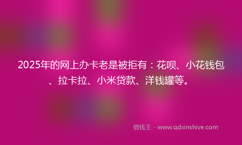 2025年的网上办卡老是被拒有：花呗、小花钱包、拉卡拉、小米贷款、洋钱罐等。