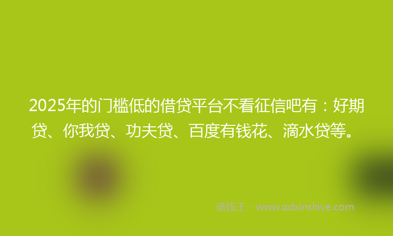 2025年的门槛低的借贷平台不看征信吧有：好期贷、你我贷、功夫贷、百度有钱花、滴水贷等。