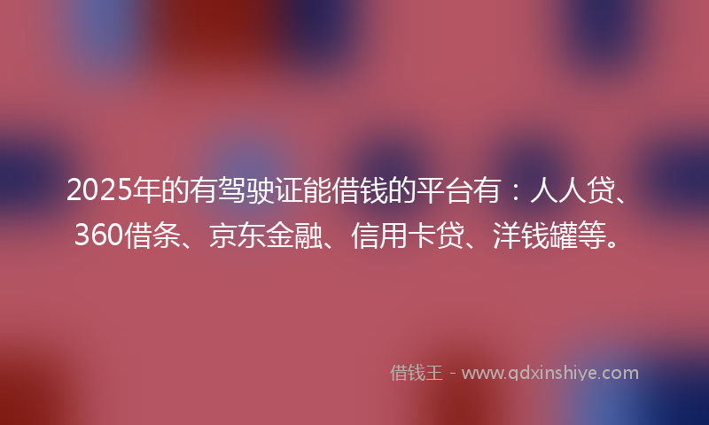 2025年的有驾驶证能借钱的平台有：人人贷、360借条、京东金融、信用卡贷、洋钱罐等。