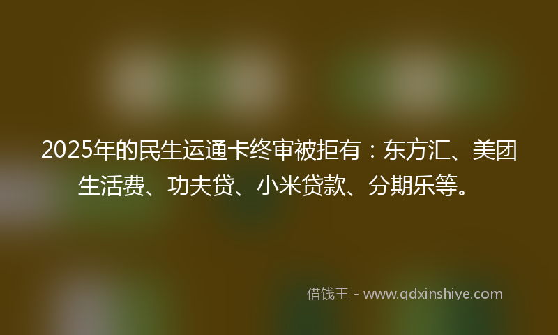 2025年的民生运通卡终审被拒有：东方汇、美团生活费、功夫贷、小米贷款、分期乐等。