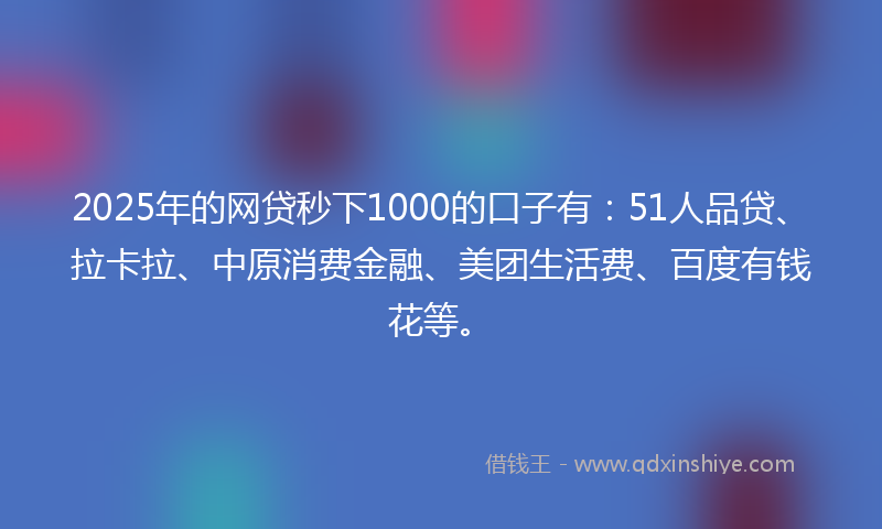 2025年的网贷秒下1000的口子有：51人品贷、拉卡拉、中原消费金融、美团生活费、百度有钱花等。