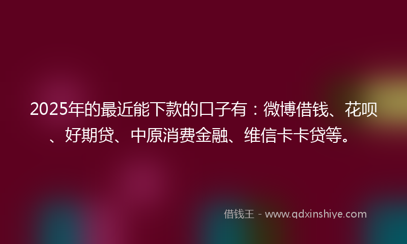 2025年的最近能下款的口子有：微博借钱、花呗、好期贷、中原消费金融、维信卡卡贷等。
