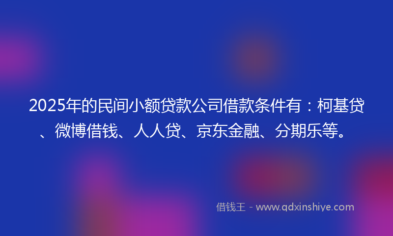 2025年的民间小额贷款公司借款条件有：柯基贷、微博借钱、人人贷、京东金融、分期乐等。
