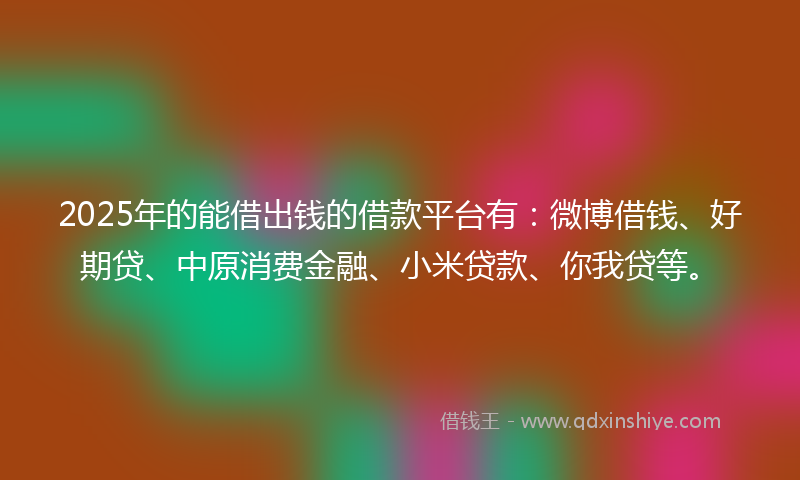 2025年的能借出钱的借款平台有：微博借钱、好期贷、中原消费金融、小米贷款、你我贷等。