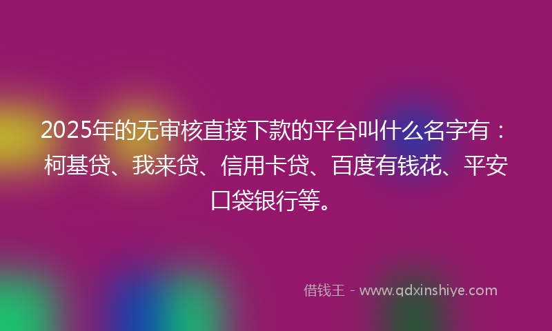 2025年的无审核直接下款的平台叫什么名字有：柯基贷、我来贷、信用卡贷、百度有钱花、平安口袋银行等。
