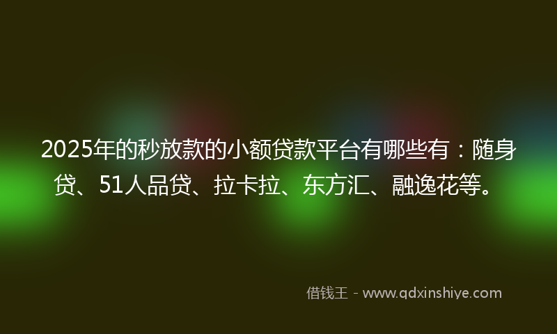 2025年的秒放款的小额贷款平台有哪些有：随身贷、51人品贷、拉卡拉、东方汇、融逸花等。
