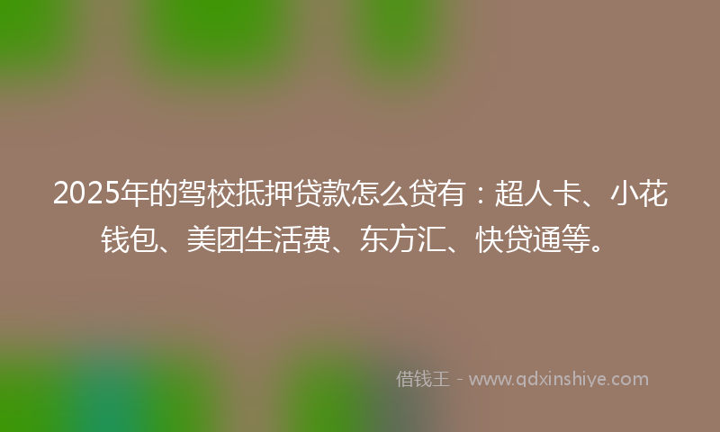 2025年的驾校抵押贷款怎么贷有：超人卡、小花钱包、美团生活费、东方汇、快贷通等。