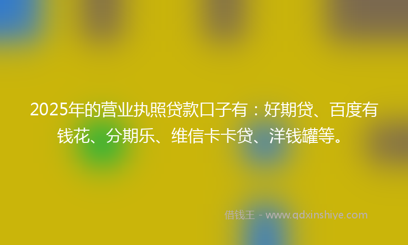 2025年的营业执照贷款口子有：好期贷、百度有钱花、分期乐、维信卡卡贷、洋钱罐等。