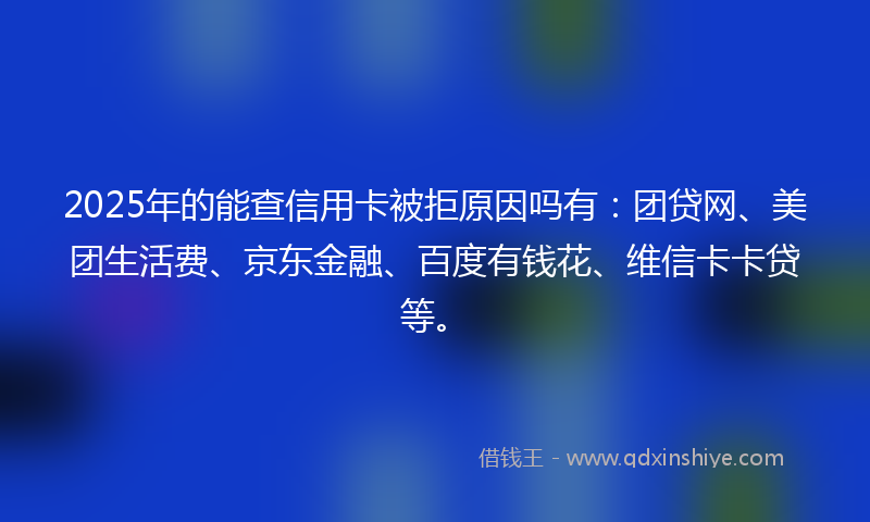 2025年的能查信用卡被拒原因吗有：团贷网、美团生活费、京东金融、百度有钱花、维信卡卡贷等。