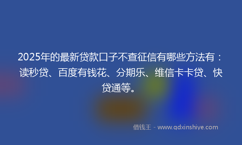 2025年的最新贷款口子不查征信有哪些方法有：读秒贷、百度有钱花、分期乐、维信卡卡贷、快贷通等。