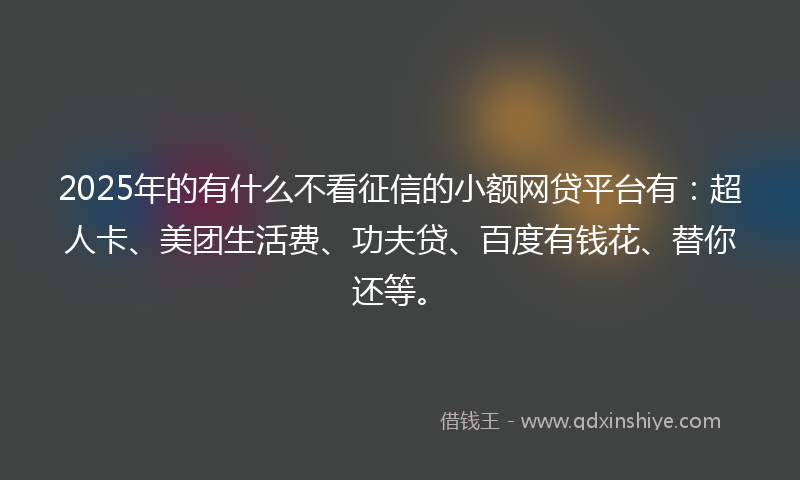 2025年的有什么不看征信的小额网贷平台有：超人卡、美团生活费、功夫贷、百度有钱花、替你还等。