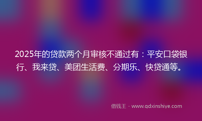 2025年的贷款两个月审核不通过有：平安口袋银行、我来贷、美团生活费、分期乐、快贷通等。