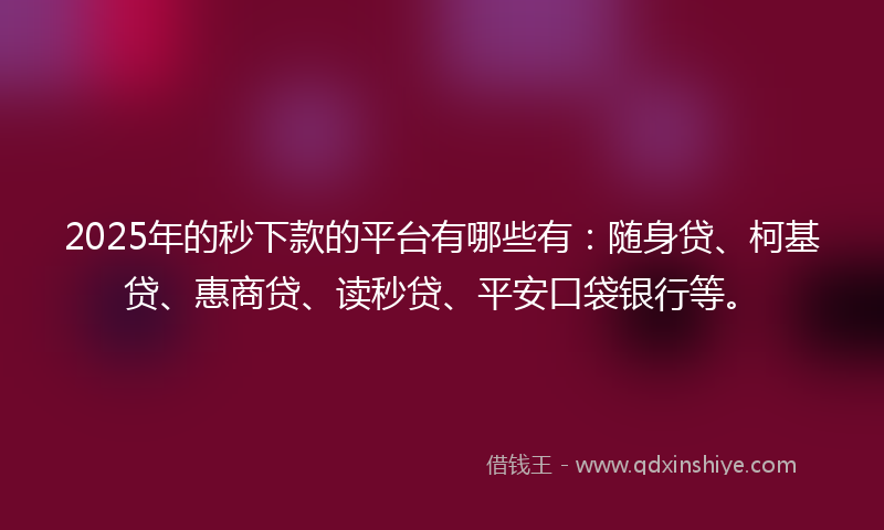 2025年的秒下款的平台有哪些有：随身贷、柯基贷、惠商贷、读秒贷、平安口袋银行等。