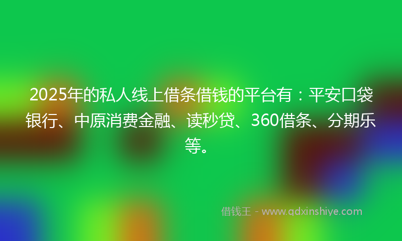 2025年的私人线上借条借钱的平台有：平安口袋银行、中原消费金融、读秒贷、360借条、分期乐等。