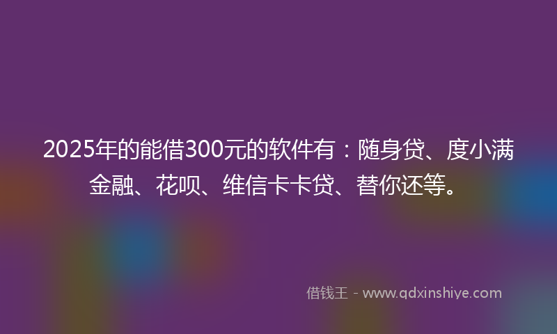 2025年的能借300元的软件有：随身贷、度小满金融、花呗、维信卡卡贷、替你还等。