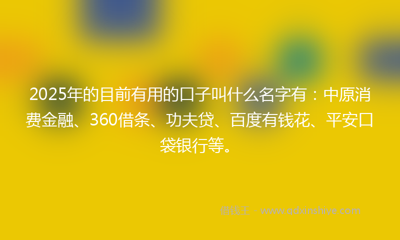 2025年的目前有用的口子叫什么名字有：中原消费金融、360借条、功夫贷、百度有钱花、平安口袋银行等。