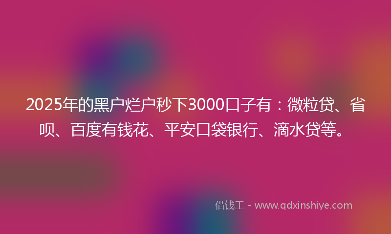 2025年的黑户烂户秒下3000口子有：微粒贷、省呗、百度有钱花、平安口袋银行、滴水贷等。