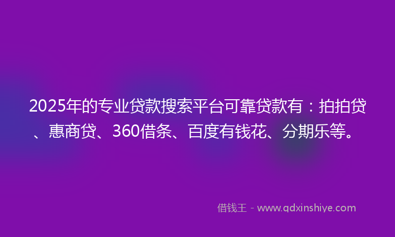 2025年的专业贷款搜索平台可靠贷款有：拍拍贷、惠商贷、360借条、百度有钱花、分期乐等。