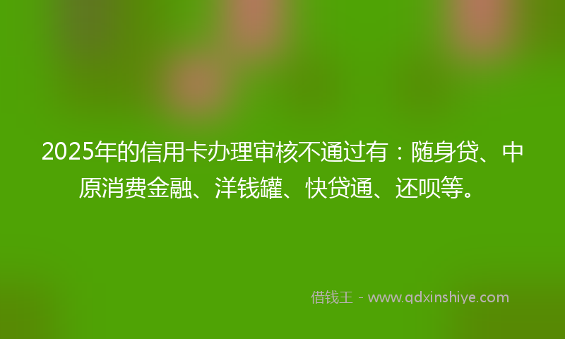 2025年的信用卡办理审核不通过有：随身贷、中原消费金融、洋钱罐、快贷通、还呗等。