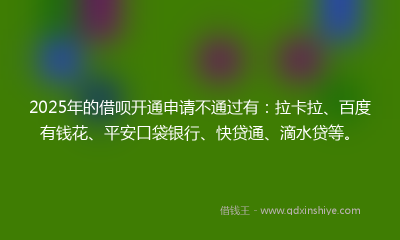 2025年的借呗开通申请不通过有：拉卡拉、百度有钱花、平安口袋银行、快贷通、滴水贷等。