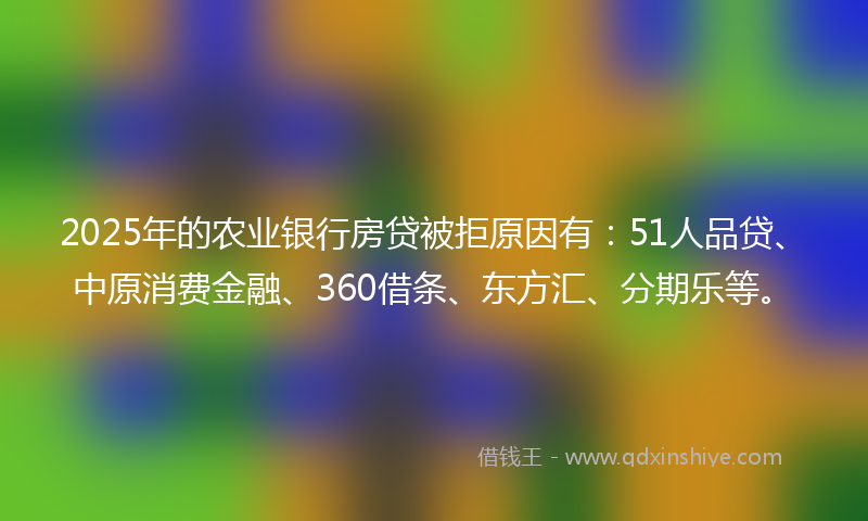 2025年的农业银行房贷被拒原因有：51人品贷、中原消费金融、360借条、东方汇、分期乐等。